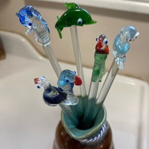 6 Assorted Set Hand Blown Glass Swizzle Sticks for Cocktails